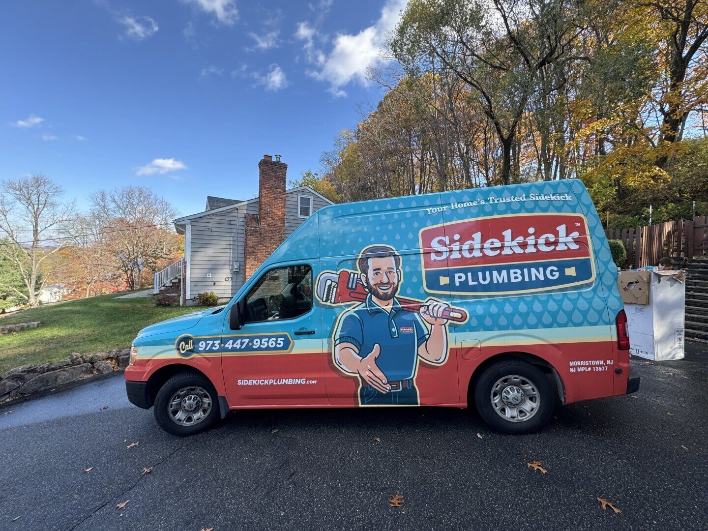 Sidekick Plumbing service van in a Morris County, NJ neighborhood
