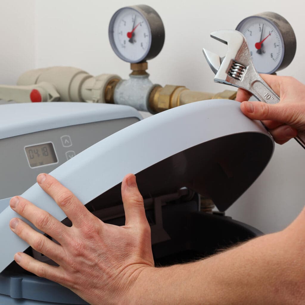 plumber opening up a water heater